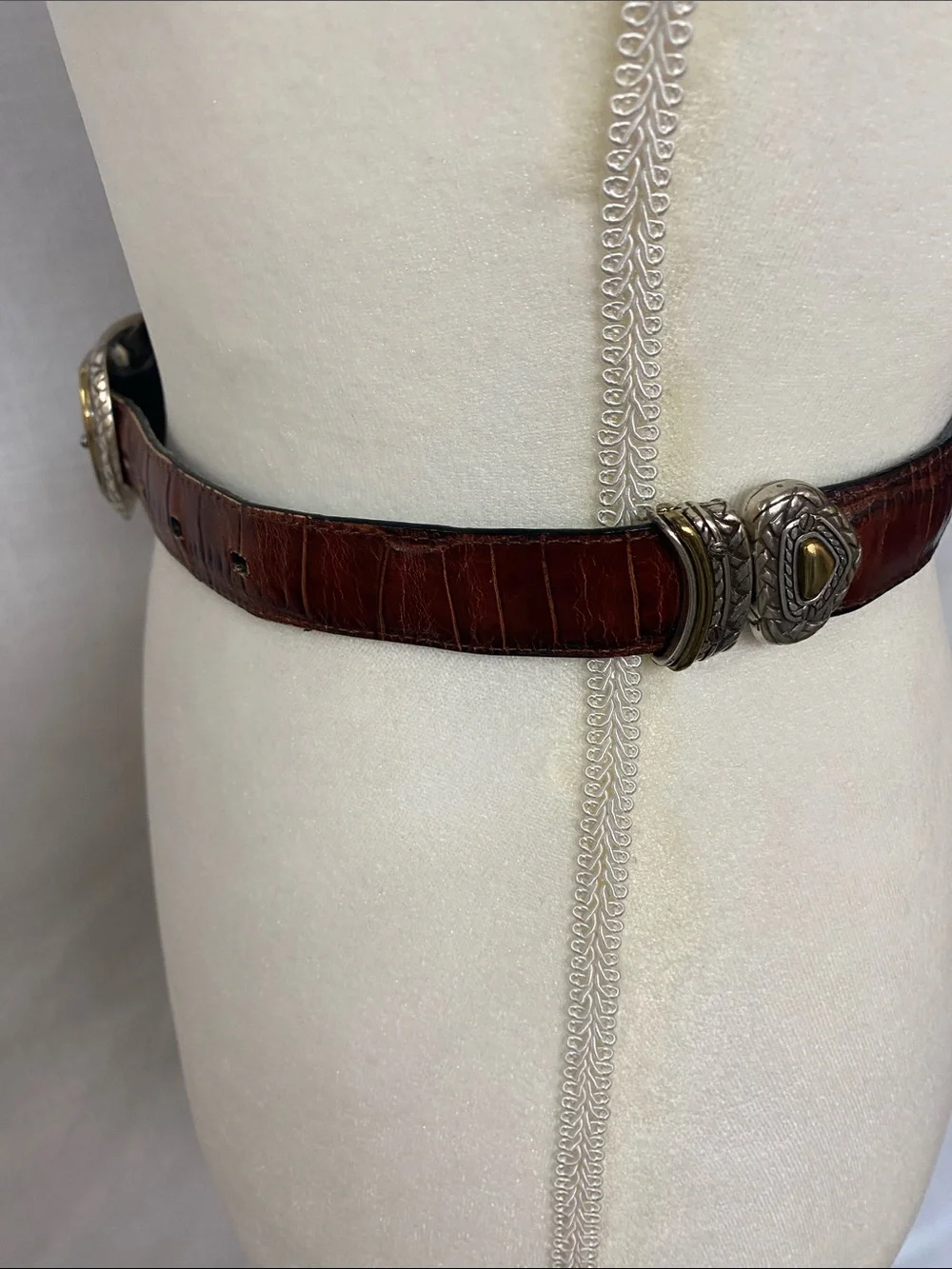 Croc-Effect Black Leather Belt with Ornate Gold Buckle